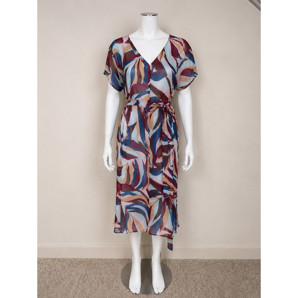 Lane Bryant Midi Dress Womens 20 Multicolor Abstract Leaf Print V-Neck Belted